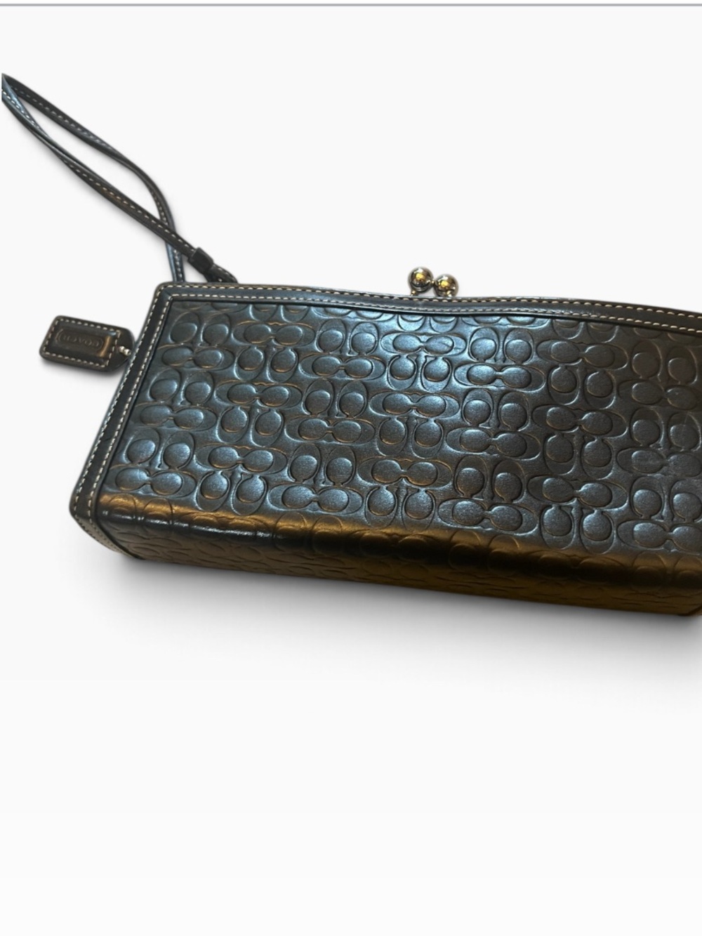 Coach Black Embossed Signature Leather Kiss-Lock Wristlet